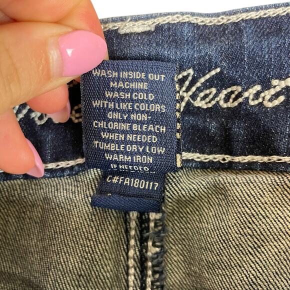 Wired Heart Embellished Embroidered Stitching Dark Wash Bootcut Denim Jeans - Picture 8 of 8